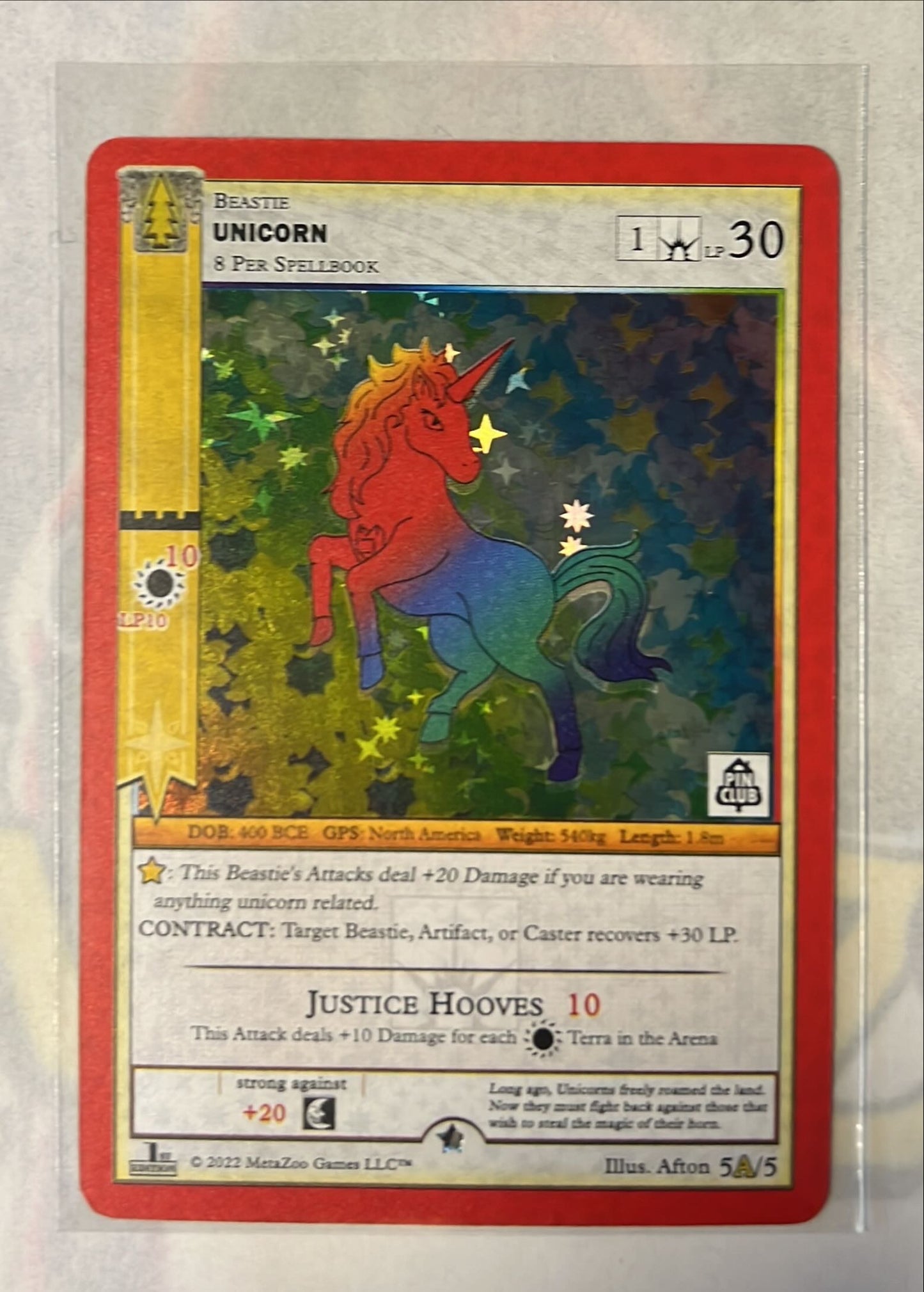 MetaZoo Wilderness Pin Club Unicorn Alt Art Full Holo 5A/5 Gold Rare + Pin